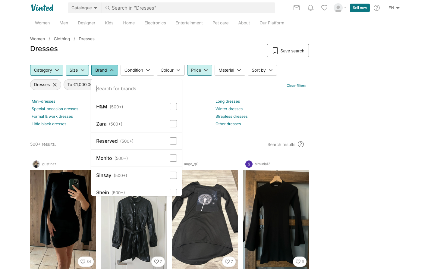 Vinted catalog filters on web